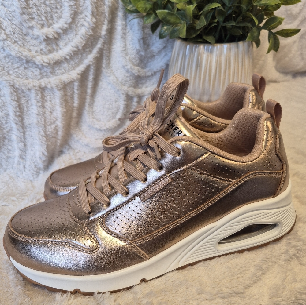 NEW Skechers Uno Metallixs Rose Gold Sneakers Lace Up Memory Foam Women's Sz 10 - Picture 6 of 14